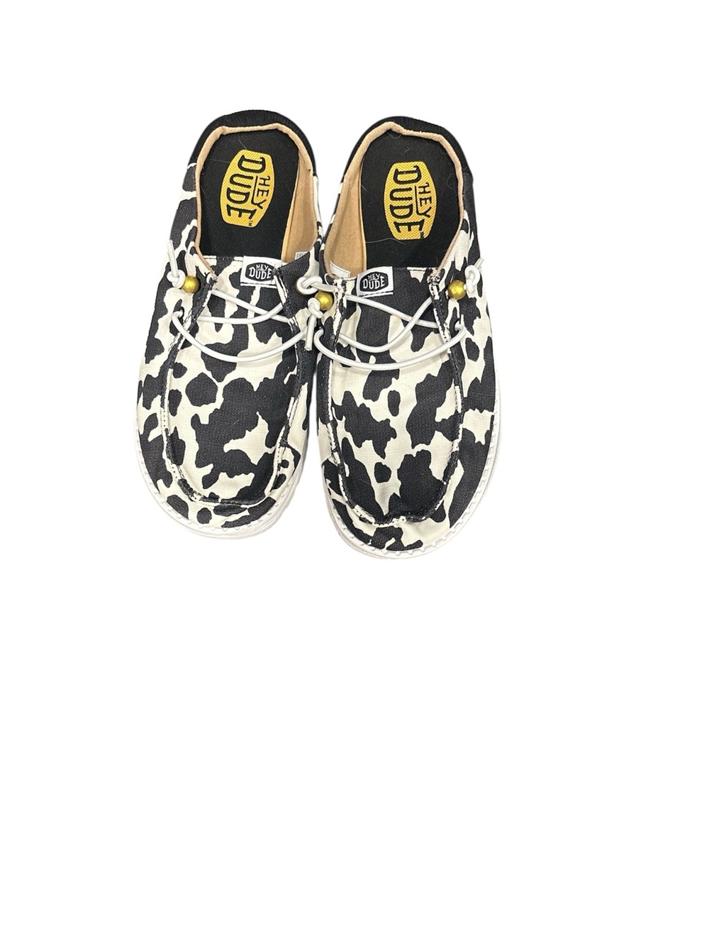 Hey Dude Womens Wendy Cow Print Slip-On Shoes - Black & White